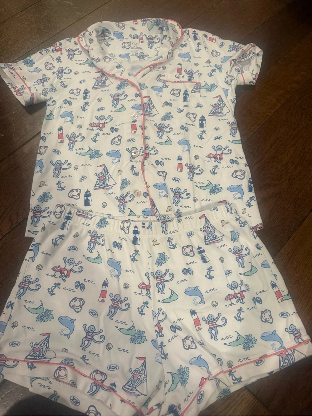 ACK Roller Rabbit Women’s Short Pajama Set - White with Blue & Pink Accents
